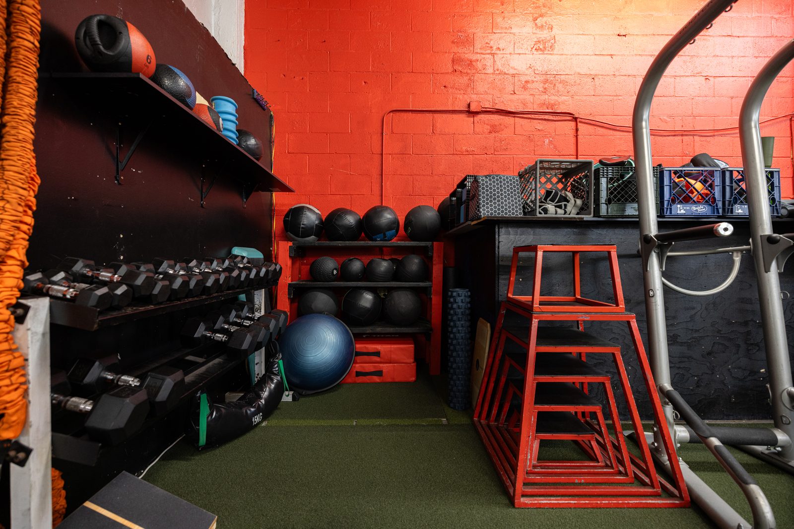 Functional training area with med balls and plyo boxes